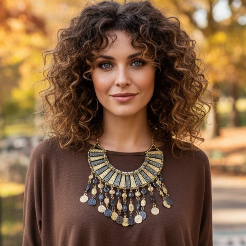 Indian Boho Chic Gold Bib Statement Necklace Handcrafted Tribal Mob Wife Artisan